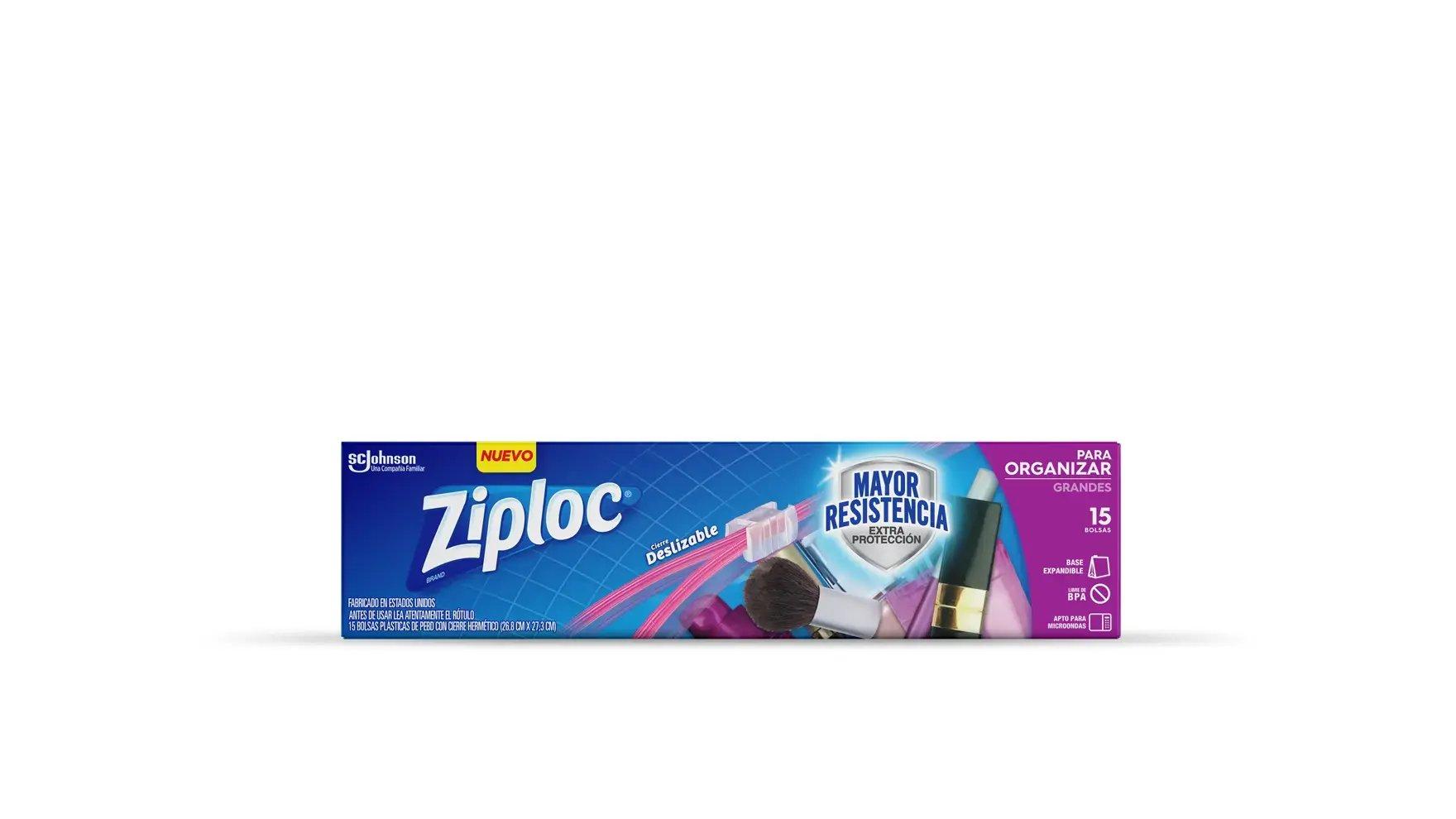 Frente de la bolsa Ziploc para conservar grandes de cuatro litros con cierre deslizable.